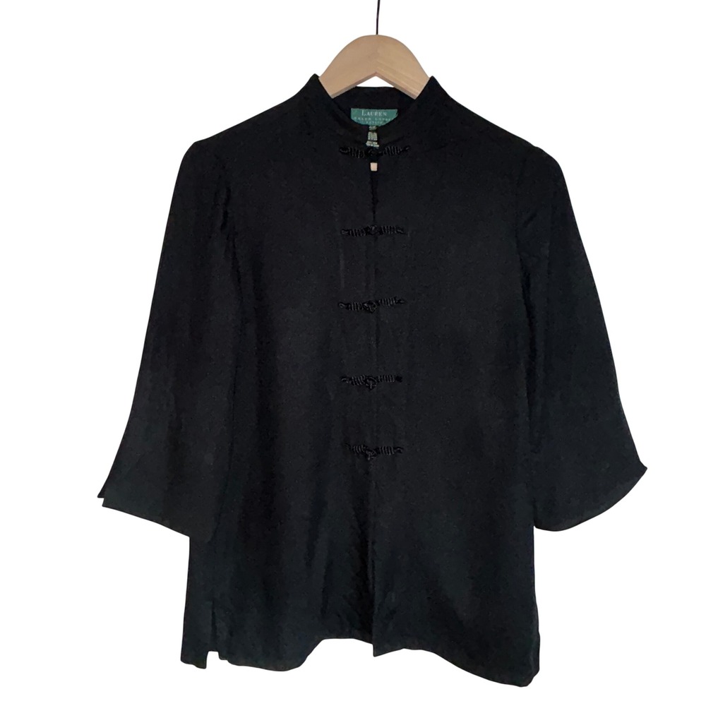 Lauren Ralph Lauren Petite Black Silk Mandarin Collar Frog Button Blouse P/P